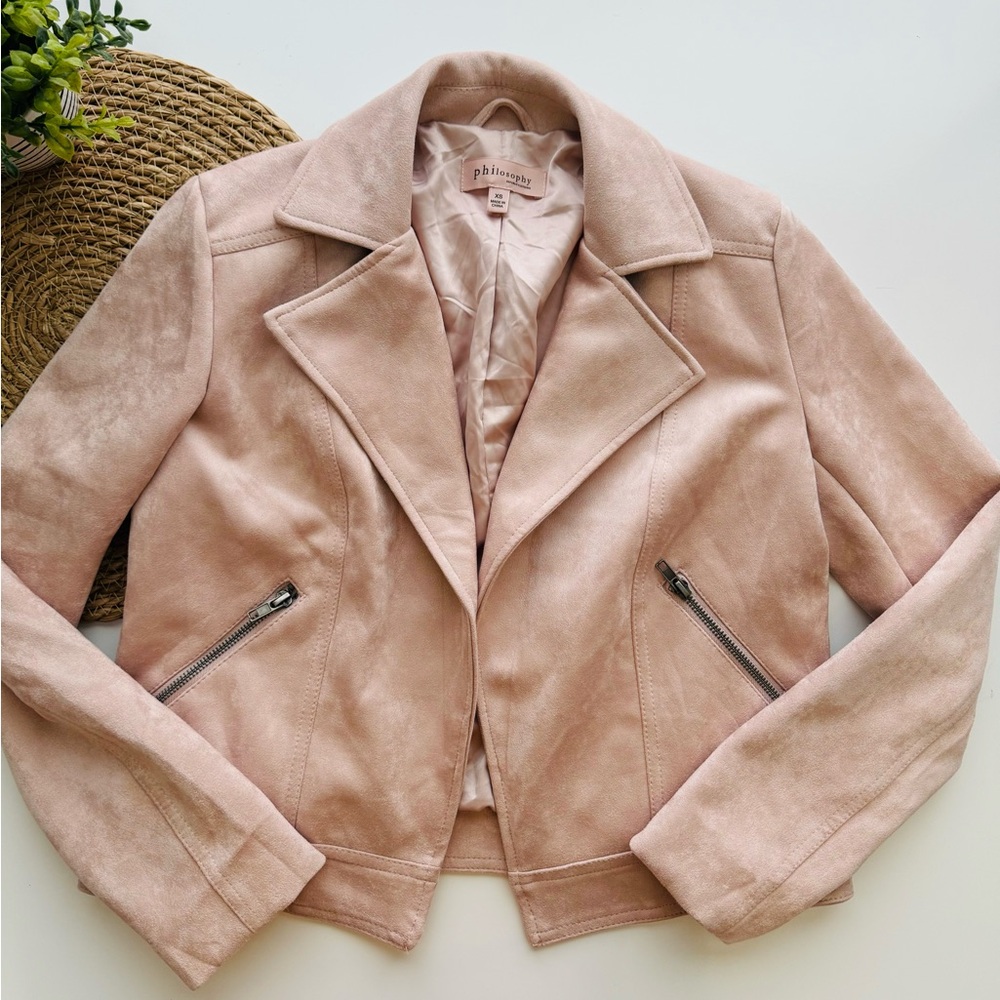PHILOSOPHY Faux Suede Leather Open Front MOTO Jacket Womens XS Pink Zip Pocket